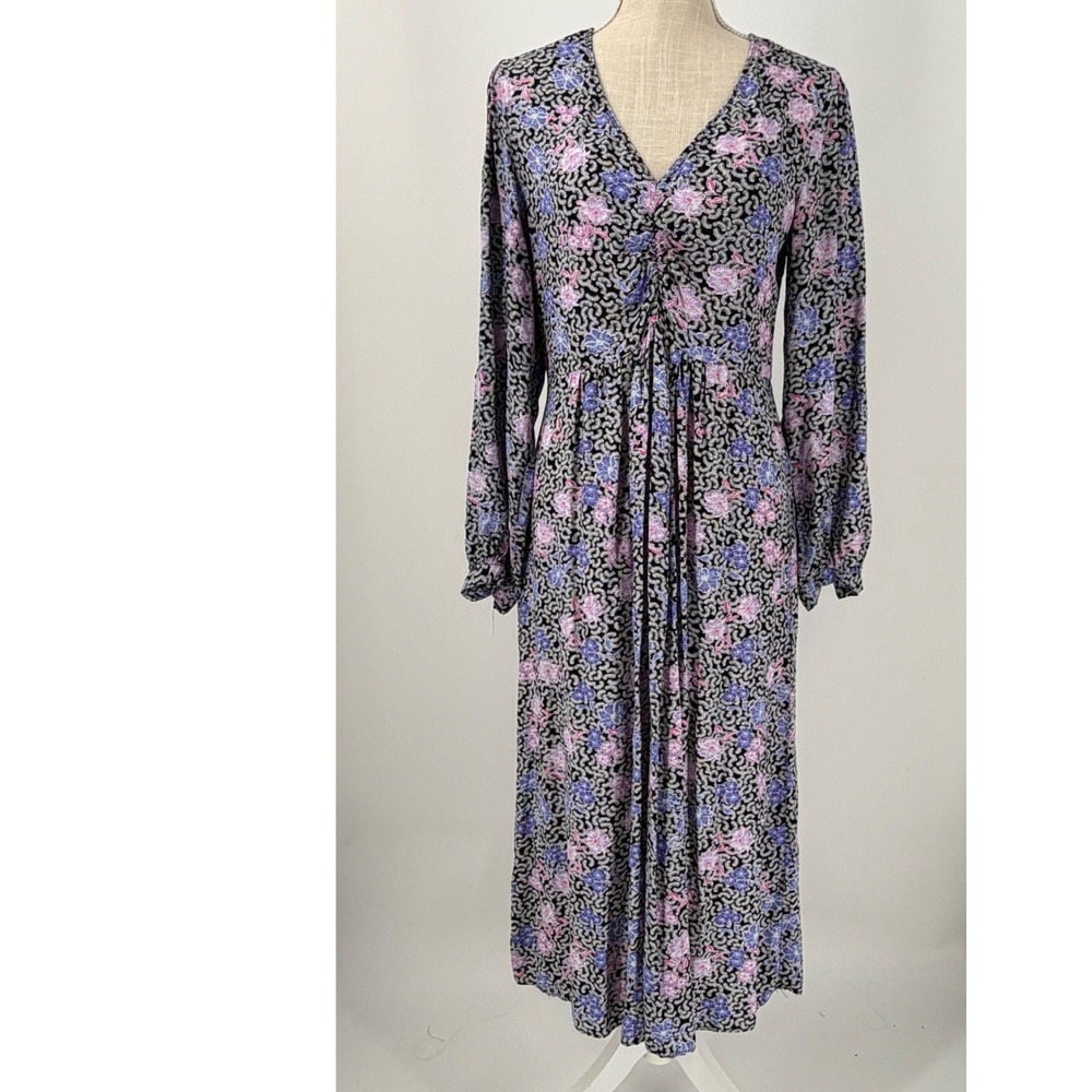 LOFT Womens Floral V-Neck Ruched Midi Dress Long Sleeve Purple Pink Size 6